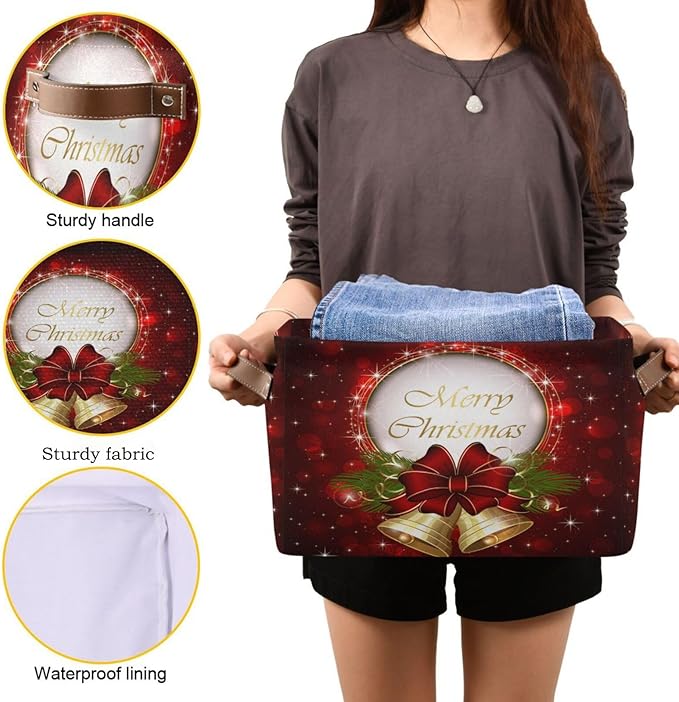 Red Bells Basket Decor Xmas Winter Holly Storage Bin Fabric Storage Box Cube with Handles Large Kids Toys Clothes Organizer for Nursery Bedroom