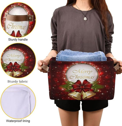 Red Bells Basket Decor Xmas Winter Holly Storage Bin Fabric Storage Box Cube with Handles Large Kids Toys Clothes Organizer for Nursery Bedroom