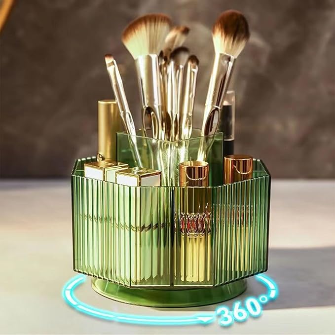 LINFIDITE 360°Rotating Makeup Organizer Holder Cosmetic Display Case Clear Makeup Brush Lip Gloss Organizer Case with 5 Slots Round Turntable Storage Tray for Vanity, Bathroom, Counter Organizer Green