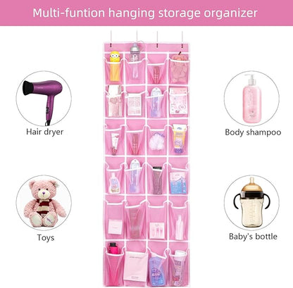 SAVERHO Hanging Shoe Organizer, Over The Door Shoe Organizer with 24 Breathable Mesh Pockets for Men Women Kids Hanging Shoe Storage Rack Organizer Size:58x21 Inch（Pink）