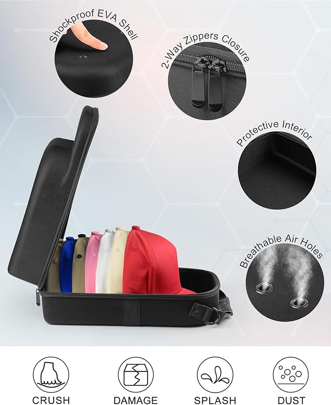 Set of 2 Hard Hat travel Cases for Baseball Caps - Hat Storage Organizer Holder with Handle, Shoulder Strap and Trolley Sleeve, Protect up to 10 Hats for Outdoor and Home Storage, Black