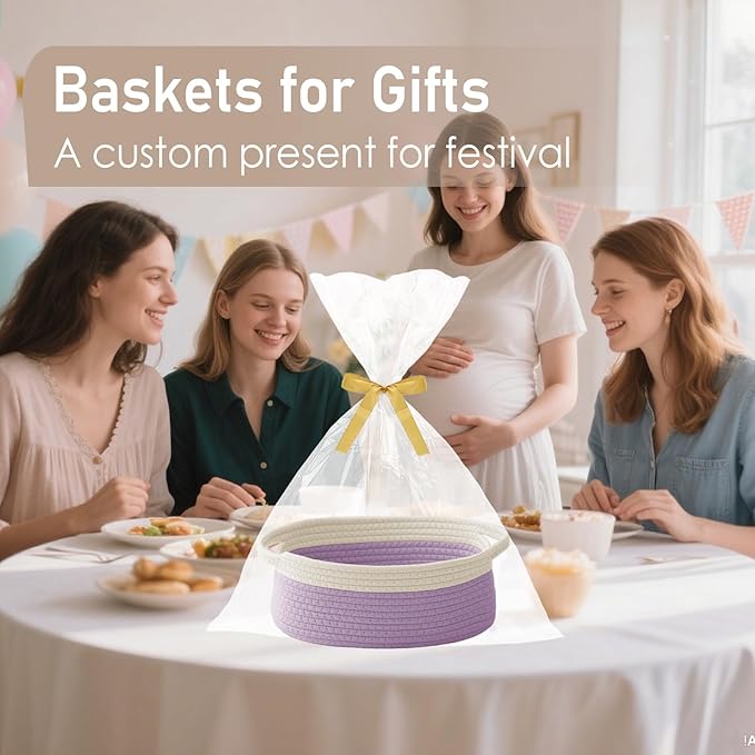 JMvicyroam Woven Basket,Small Rope Storage Bin with Handles & Ribbon Bag, Organizer for Shelves Closets,Gift Basket Empty for Birthday,Books,Dog Toys, White&Purple/3 Pack