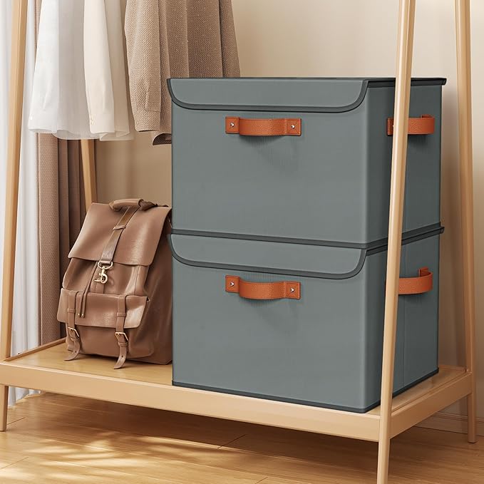 Univivi Heavy Duty Fabric Storage Bins with Lid, Large 17" 10 Gallon Stackable Storage Cube with Leather Handles, Decorative Storage Boxes with Lids for Bedroom, Closet, Nursery, Office, 3-Pack(Grey)