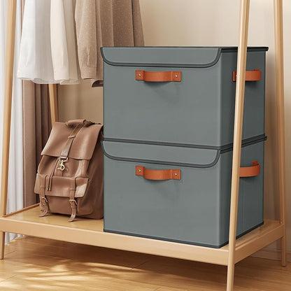 Univivi Heavy Duty Fabric Storage Bins with Lid, Large 17" 10 Gallon Stackable Storage Cube with Leather Handles, Decorative Storage Boxes with Lids for Bedroom, Closet, Nursery, Office, 3-Pack(Grey)