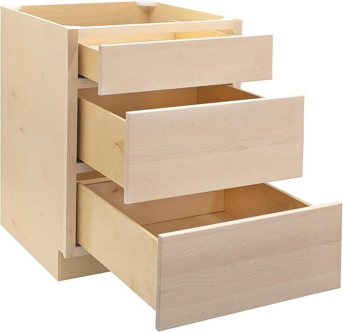 Quicklock RTA (Ready-to-Assemble) | Base Kitchen Cabinets - Shaker Style | Made in America (Raw Maple, 30" W x 34.5" H x 24" D 3 Drawer Pots and Pans)