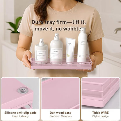 Toilet Paper Basket Organizer – Oak Wood Toilet Tank Tray with Metal Frame, Bathroom Counter Top Storage for Toilet Paper, Wipes & Decor, Modern Narrow Back of Tank Shelf Organizer, Pink