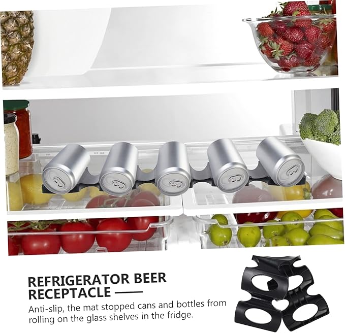Amosfun 4pcs Refrigerator Beverage Holder Mat for Beer Cans Slip Silicone Organizer for Fridge Space Saving Drink Storage Rack High and Low Temperature Resistant Black