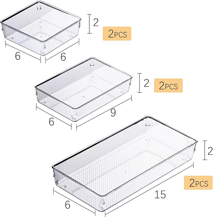 3 Pack Clear Plastic Drawer Organizer Tray Cutlery Utensil Makeups Drawer Silverware Organizers 12" X 6"… (6P(6X6+6X9+6X15))