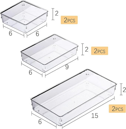 3 Pack Clear Plastic Drawer Organizer Tray Cutlery Utensil Makeups Drawer Silverware Organizers 12" X 6"… (6P(6X6+6X9+6X15))