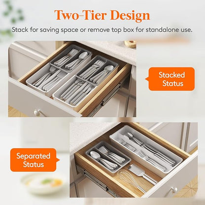 Lifewit Compact Silverware Organizer for Kitchen Drawer, Narrow Flatware Tray Holder, Plastic Cutlery Spoons, Forks and Knives Storage, White&Gray, 2 Pack