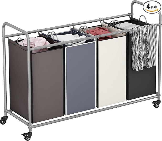 Laundry Sorter 4 Section Hamper Sorter with Heavy Duty Lockable Rolling Wheels Removable Bags Basket Separator for Dirty Clothes Storage, Assorted
