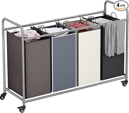 Laundry Sorter 4 Section Hamper Sorter with Heavy Duty Lockable Rolling Wheels Removable Bags Basket Separator for Dirty Clothes Storage, Assorted