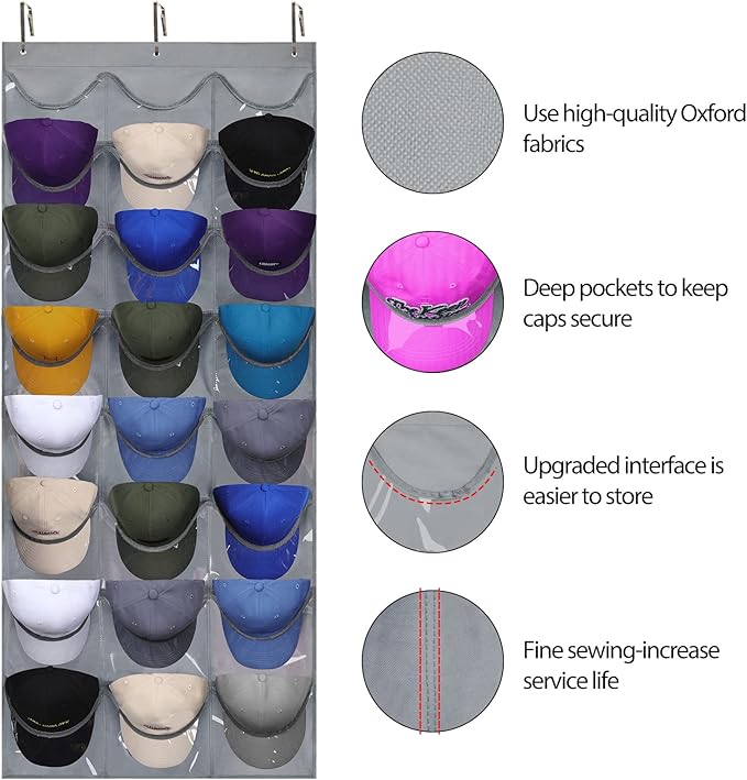 Dofilachy Hat Rack - Hat Organizer - Hat Racks for Baseball Caps, Visible Hat Holder - Baseball Rack for Wall Door with 3 Hooks, 24 Deep Pockets