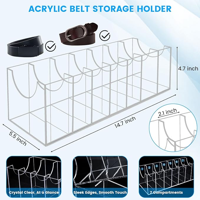 Belt Organizer, Acrylic Belt Storage Holder for The Closet 7 Compartments Display Case for Tie and Bow Tie