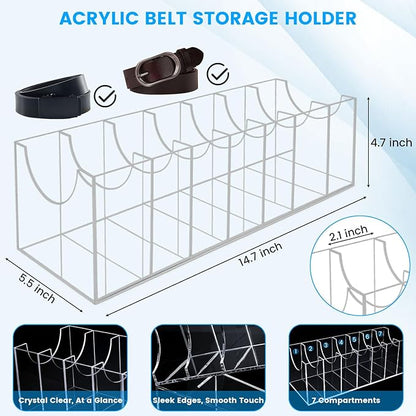 Belt Organizer, Acrylic Belt Storage Holder for The Closet 7 Compartments Display Case for Tie and Bow Tie