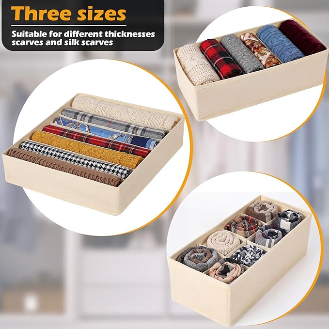 Soft Scarf Organizer for Drawer 3 Set Fabric Storage Bins with 6, 7, and 8 Compartments for Scarves and Accessories Non-damaging Flexible Storage for Home Organization (Beige)