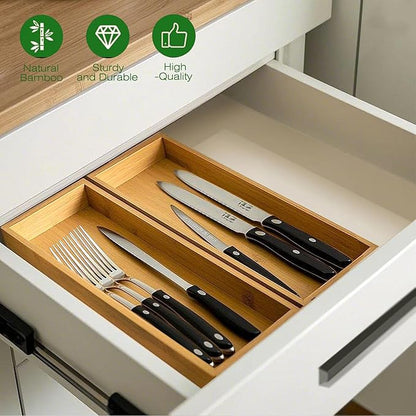 guiogc Bamboo Drawer Silverware Organizer, Utensil Organizer, Bamboo Storage Box Wood Silverware Tray for Drawer Set of 2