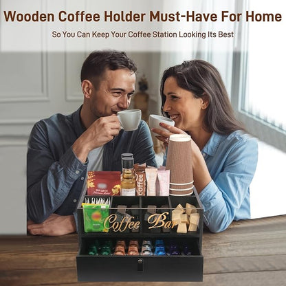 2-Tier Coffee Bar Organizer with Clear Acrylic Top, Built-in Drawer and Leather Handle Pull for Countertop, Stylish Coffee Station Storage Box for Accessories, Pods, Great Gifts for Home