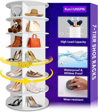 RUNSUNSPRI 7 Tier Rotating Shoe Rack Corner Organizer 360°Rotating Shoe Rack Tower Spinning Shoe Rack Tower for Bedroom Entryway Closet Holds 28-32 Pairs of Shoes Handbags Hats Display Decor