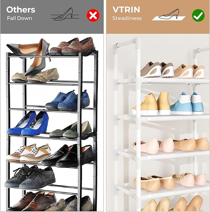 VTRIN 10 Tiers Tall Shoe Rack Holds 20-25 Pairs of Shoes Sturdy Vertical Shoe Organizer with 18pcs Hooks Stackable Narrow Shoe Rack for Closet, Entryway White
