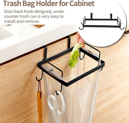 Cyrank Metal Trash Bag Holder, Trash Bag Holder for Cabinet Door Plastic Over The Cabinet Door Under Sink Garbage Hanging Rubbish for Kitchen, Office, Dorm(black)
