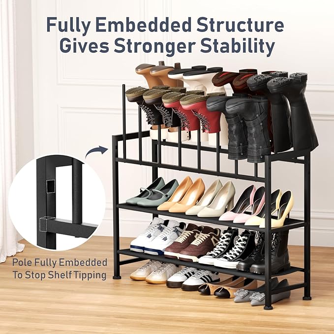 DIMJ Boot Rack 4-Tier - Black Metal Boot Storage Rack for Tall Boots Organizer Tall Boots, Multiuse Shoe Rack for Boots, Sneakers, High-Heel, Entryway, Fit for 8 Pairs, Black
