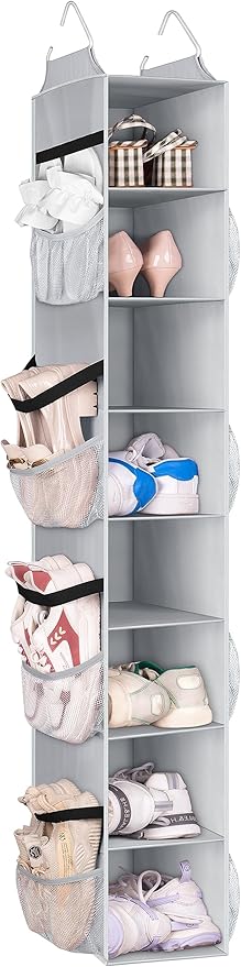 SLEEPING LAMB 8 Shelves Hanging Shoe Rack Hanger, Narrow Hanging Shoe Organizer for Closet Storage Clothes, Gloves, Bags, with 8 Large Mesh Pockets to Hold 16 Pairs Shoes in Dorm, Grey
