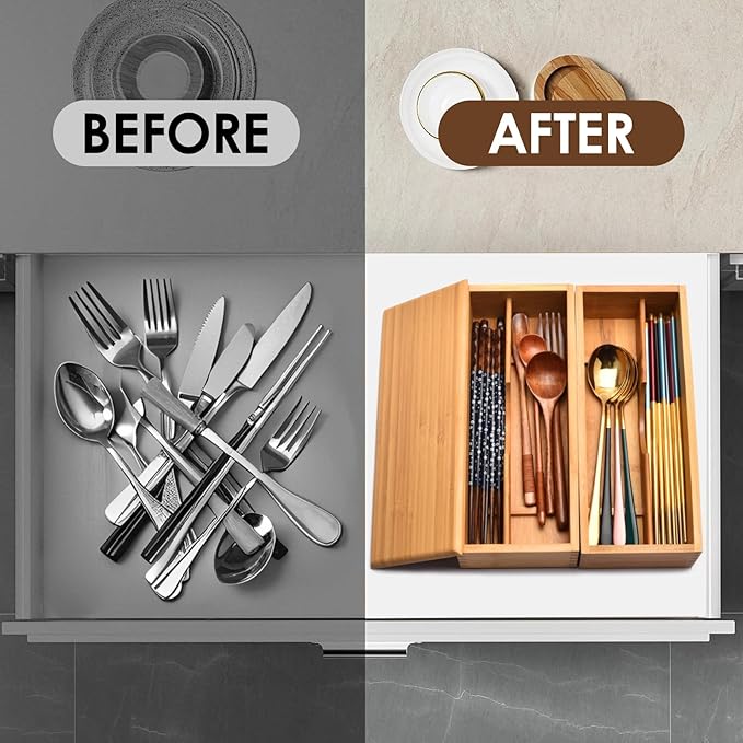 Chopsticks Storage Box with Lid - Bamboo Silverware Storage Utensil Drawer Organizer - Japanese Chopsticks Boxes with Lid - Cutlery Box Utensil Holder Container for Home Kitchen
