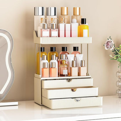 caktraie Bathroom Organizers and Storage - 3 Drawers 2 Tier Makeup Organizer, Cosmetic Storage Drawer for Dresser Countertop and Bathroom Vanity for Large Skincare, Perfume, Cream White
