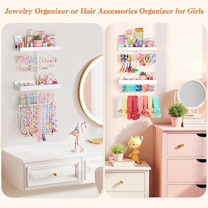 Keebofly Wall Mounted Jewelry Organizer with 2 Tired Shelves & Ring Holder- Jewelry Holder Wall Storage Display for Earrings, Necklace, Bracelet, Hair Accessories for girls in Bathroom Bedroom, White