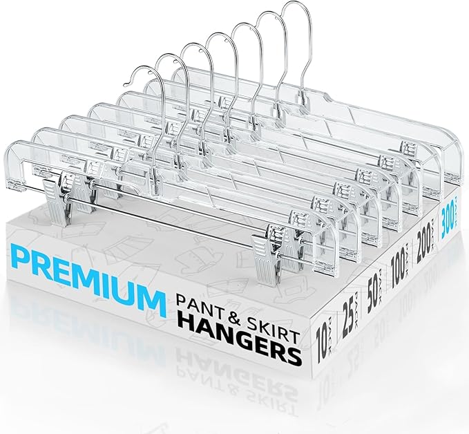 HOUSE DAY Clear Pants Hangers with Clips 300 Pack, Non-Slip Plastic Skirt Hanger with Adjustable Clips, Slim Clip Hangers for Pants, Skirts, Shorts, 14" Clear Hanger, 360-Rotating Swivel Hook