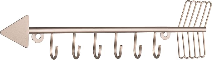 MyGift 12 Inch Wall Mounted Rose Gold Tone Metal Arrow Shaped Jewelry Organizer, Hanging Storage Display Rack with 6 Hooks for Necklaces Bracelets Keys