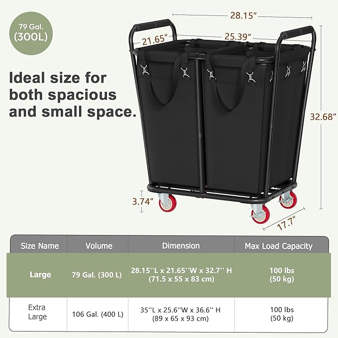 Hoctieon 2 Section Laundry Sorter Cart, 300L Rolling Hamper with Wheels, Industrial Laundry Basket Organizer, Large Dirty Clothes Hamper for Home & Hotel, Heavy Duty, Black