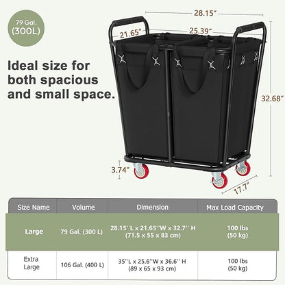 Hoctieon 2 Section Laundry Sorter Cart, 300L Rolling Hamper with Wheels, Industrial Laundry Basket Organizer, Large Dirty Clothes Hamper for Home & Hotel, Heavy Duty, Black