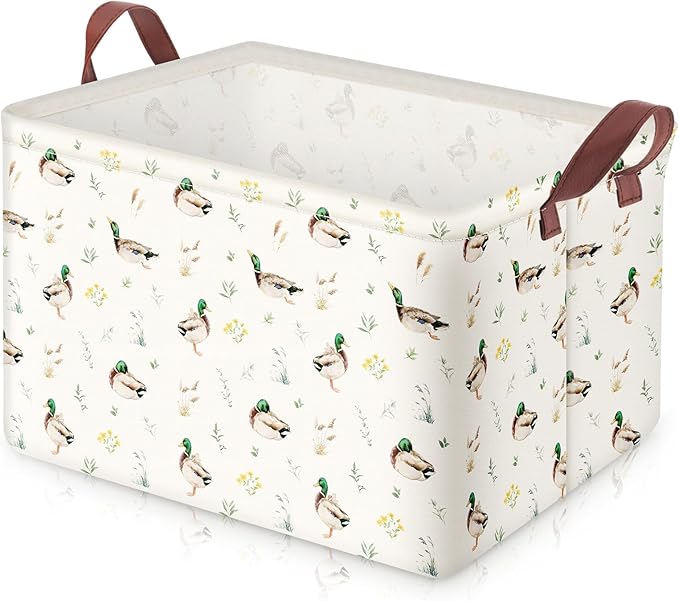 Mallard Duck Storage Basket Collapsible Waterproof Canvas Toy Storage Bin Basket with Leather Handles Farmhouse Wild Green Head Ducks Hunting Nursery Decor for Kids Bedroom Clothes Toys Books