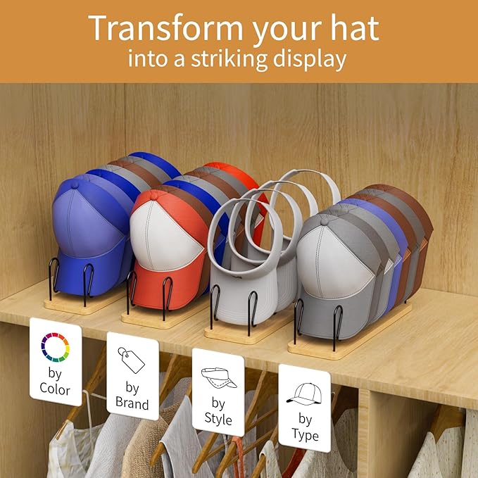 Hat Organizer for baseball Caps 2 Pack Wooden Hat Rack Stand for Closet Storage up to 14 Ball Caps