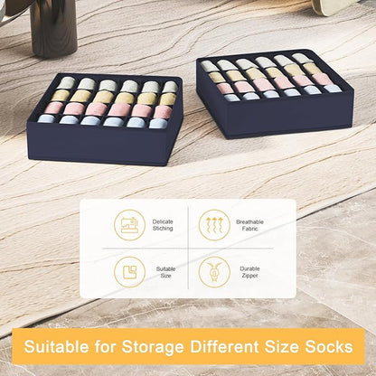 Joyoldelf Drawer Organizer - 2 Pack Underwear Holder, 24 Cells Collapsible Closet Organizer and Storage for Belts, Ties (Navy Blue)