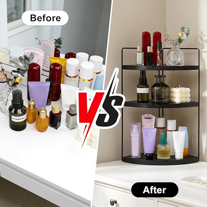 Corner Bathroom Counter Organizer Countertop Black, 3-Tier Corner Shelf Wood Vanity Tray Easy Assembly Space Saving Shelf for Kitchen, Bathroom, Dresser, Makeup, Office