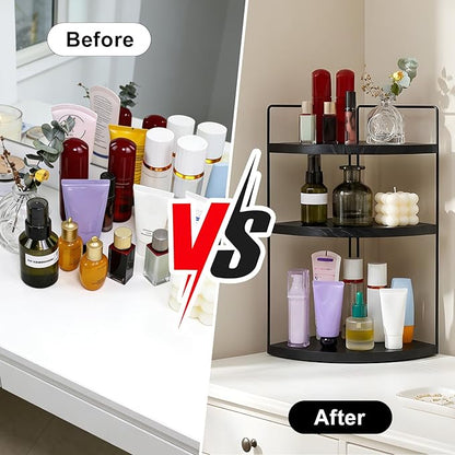 Corner Bathroom Counter Organizer Countertop Black, 3-Tier Corner Shelf Wood Vanity Tray Easy Assembly Space Saving Shelf for Kitchen, Bathroom, Dresser, Makeup, Office