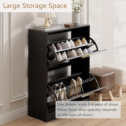 LYNSOM Shoe Cabinet Set of 2, Free Standing Tipping Bucket Shoe Rack Organizer with 2 Flip Drawers, Modern Entryway Shoe Storage with Top Display, Narrow Slim Hidden Shoe Cabinet (Black)
