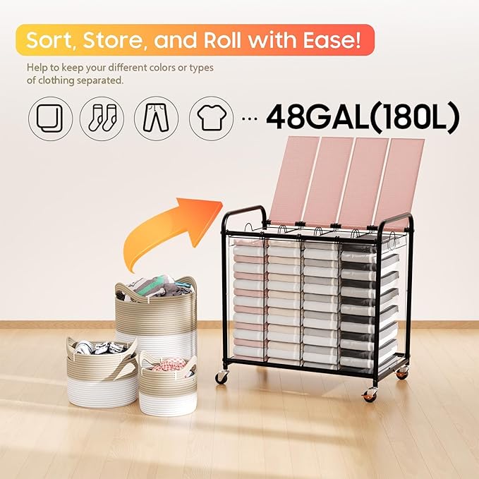 Laundry Sorter 4 Sections 48 Gal, Rolling Laundry Basket with Lockable Wheels and Lid, Laundry Hamper with 4 Separated Removable Bags Dirty Clothes Hamper for Laundry Room Organizer, Pink