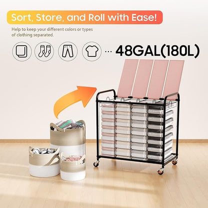 Laundry Sorter 4 Sections 48 Gal, Rolling Laundry Basket with Lockable Wheels and Lid, Laundry Hamper with 4 Separated Removable Bags Dirty Clothes Hamper for Laundry Room Organizer, Pink