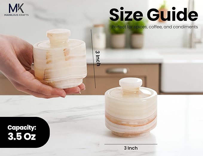 Marble Salt Cellar 3" Inch White & Onyx Salt Holders with Lid for Spice Jar, Stone Salt Containers, Modern Sugar and Candies Bowls, Perfect Mother’s Day Gift, Kitchen Storage, Decorative Salt Box