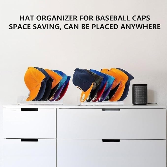 APLUSH 2024 New Hat Stand for Baseball Caps Display and Organizer, 2Pcs No Install Acrylic Hat Holder for 14 Baseball Caps for Office,Bedroom, Closet, Dresser,Clear