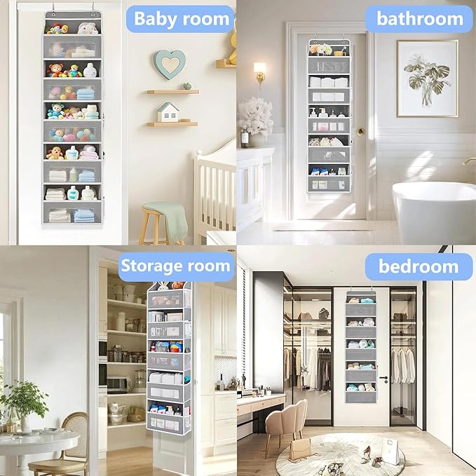 Over the Door Organizer with 5 Front Pockets and 5 Mesh Side Pockets,Extra Large Hanging Organizer for Over the Door Storage in Bedroom, Bathroom, Pantry, Nursery (Grey)