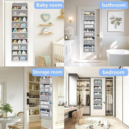 Over the Door Organizer with 5 Front Pockets and 5 Mesh Side Pockets,Extra Large Hanging Organizer for Over the Door Storage in Bedroom, Bathroom, Pantry, Nursery (Grey)