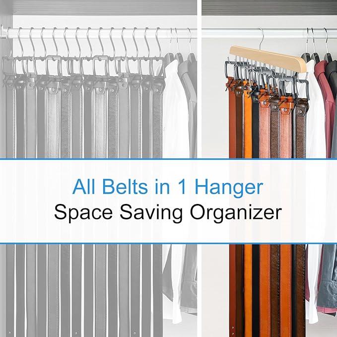 Belt Hanger for Closet Max 42 Belts, Sturdy Wood Belts Rack Closet Accessories with 14 Hooks Belt Organizer for Men Organizers and Storage -Wood 1 Pack