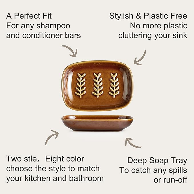 Miamolo Soap Dish for Shower, Ceramic Soap Holder Soap Dishes for Large Bar Soap Sponge, Decorative Soap Saver Tray for Bathroom Kitchen Sink Bathtub, Pro-Environment, Extend Soap Life, Dark Brown