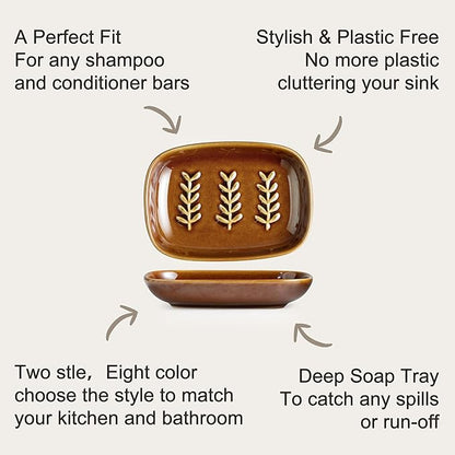 Miamolo Soap Dish for Shower, Ceramic Soap Holder Soap Dishes for Large Bar Soap Sponge, Decorative Soap Saver Tray for Bathroom Kitchen Sink Bathtub, Pro-Environment, Extend Soap Life, Dark Brown