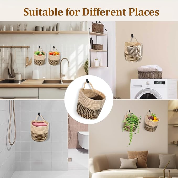 Fabric Wall Hanging Baskets 3 Pack - Woven Storage Organizers with Adhesive Hooks, Boho Style Wall Mounted Pouches for Home Kitchen Door (Large, Khaki & Dark brown)